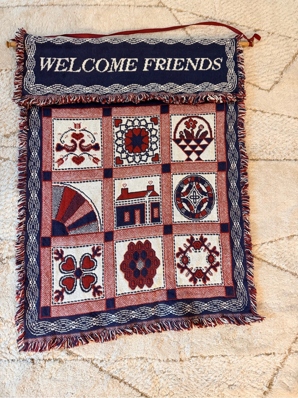 Welcome Friends Woven Door Mat - Navy Blue & Red